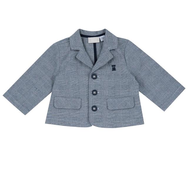 Giacca blazer elegante blu per bambino Chicco in misto cotone con fantasia Principe di Galles tinto filo, bottoni in metallo e ricamo orsetto. | Chicco