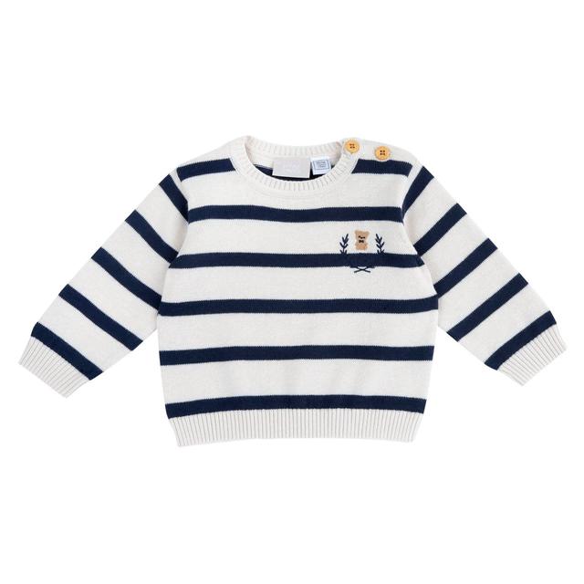 Maglione girocollo Chicco per bambino in 100% cotone bianco con eleganti righe jacquard e ricamo sul petto, apertura spalla con bottoni effetto legno. | Chicco