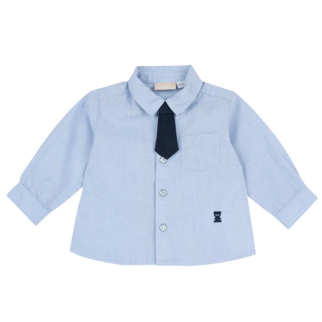 Camicia azzurra a manica lunga in fil à fil di cotone per bambino Chicco, con colletto classico, cravatta rimovibile e ricamo di orsetto. | Chicco