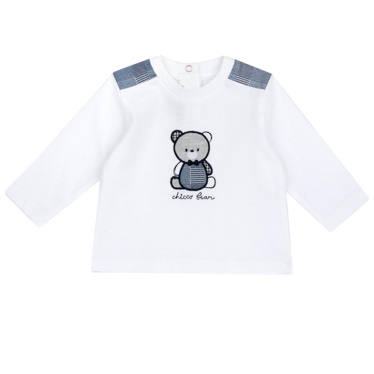 Maglietta a manica lunga bianca per bambino Chicco in morbido cotone sostenibile con fantasia Principe di Galles e ricami sul davanti. | Chicco