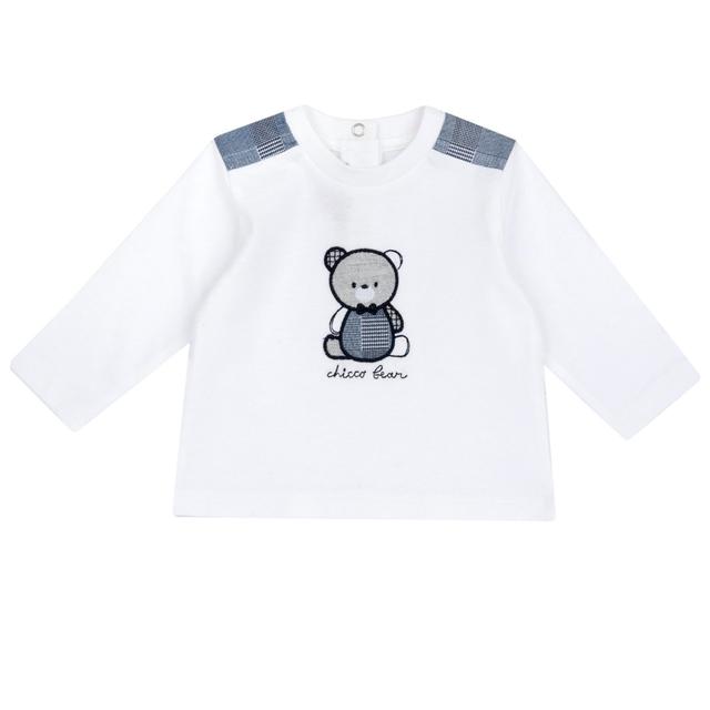 Maglietta a manica lunga bianca per bambino Chicco in morbido cotone sostenibile con fantasia Principe di Galles e ricami sul davanti. | Chicco