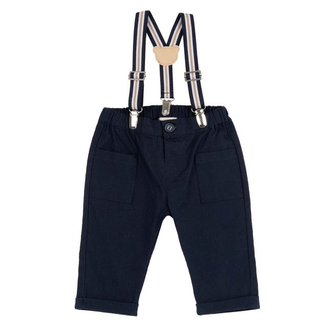 Pantaloni lunghi blu in cotone jacquard elasticizzato Chicco per bambino con vita elasticizzata, bretelle regolabili e rimovibili, tasche frontali e risvolti al fondo gamba. | Chicco