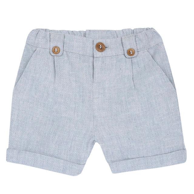 Pantaloni corti azzurro mélange in misto cotone e lino per bambino Chicco, con vita elasticizzata e bottoni effetto legno. | Chicco
