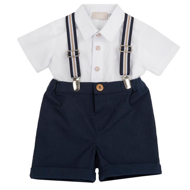 Completo Chicco per bambino con camicia in popeline di cotone blu e pantaloni corti jacquard con bretelle a orsetto, ideale per primavera/estate. | Chicco