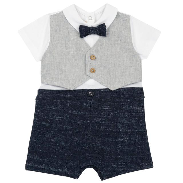 Pagliaccetto corto blu per bambino Chicco con papillon fantasia, stampa effetto denim e gilet in cotone-lino, ideale per primavera/estate. | Chicco
