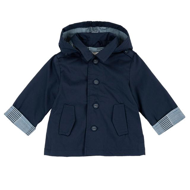 Giubbino Chicco blu con cappuccio rimovibile, tessuto tecnico impermeabile e antivento, motivo Principe di Galles sulla fodera. | Chicco