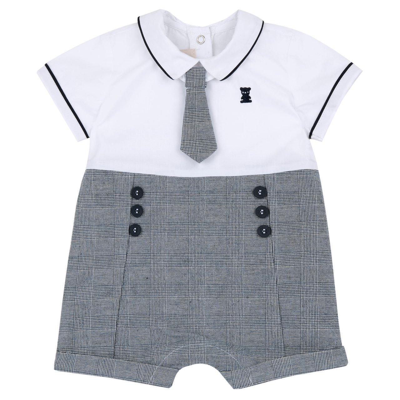 Pagliaccetto corto Chicco bianco in popeline di cotone con fantasia Principe di Galles, cravatta coordinata e ricamo orsetto blu. | Chicco