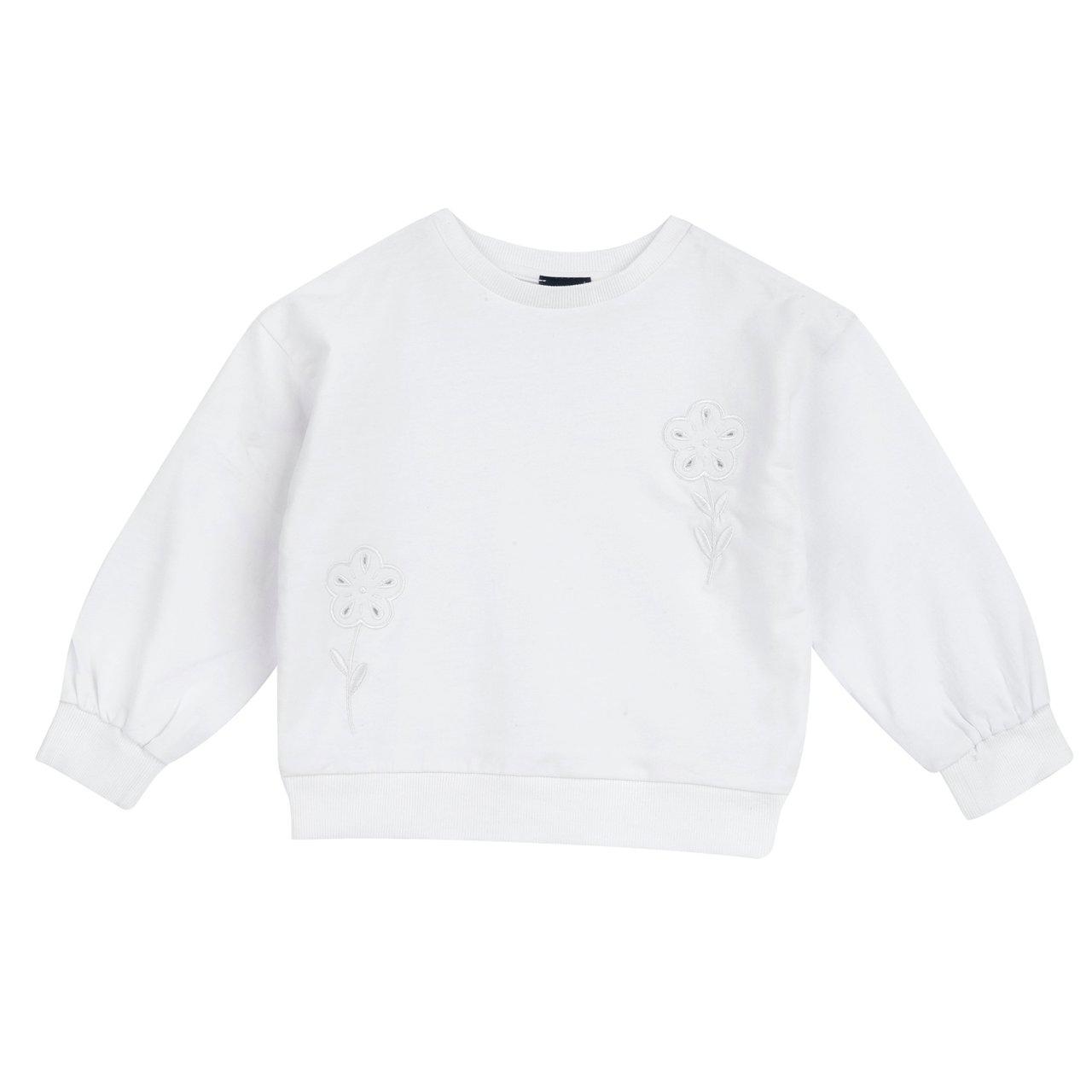 Felpa girocollo bianca Chicco per bambina in cotone elasticizzato con ricamo Sangallo, perfetta per primavera/estate. | Chicco