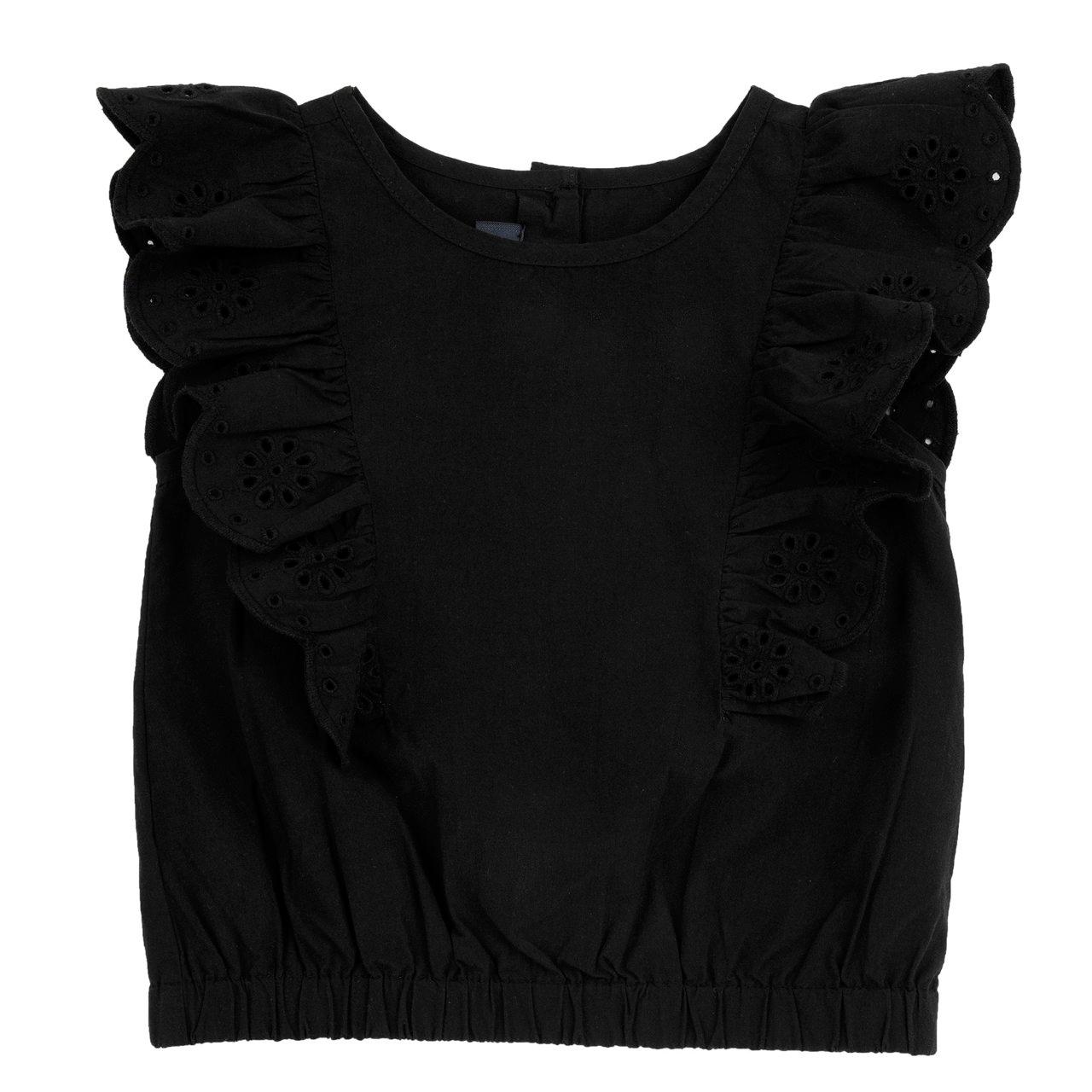 Maglietta manica corta nera con inserti in Sangallo per bambina, in jersey elasticizzato di cotone sostenibile, con elastico al fondo e bottoni effetto madreperla. | Chicco