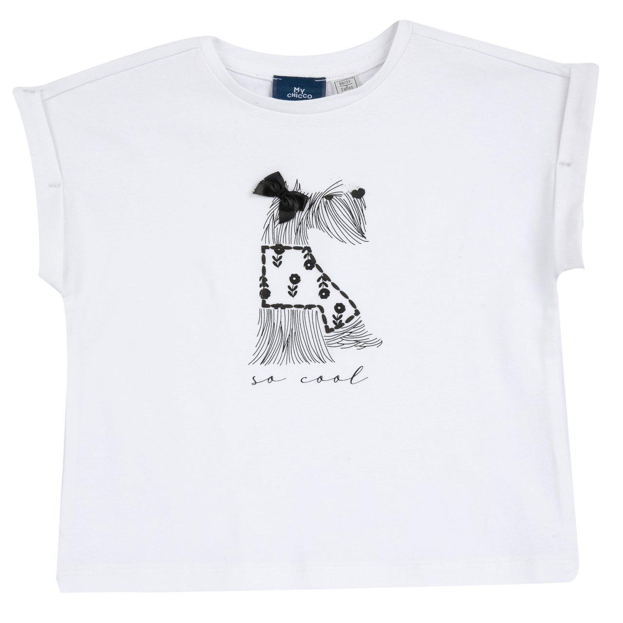 Maglietta a manica corta bianca in cotone sostenibile Chicco per bambina con stampa effetto puffy e fiocchetto applicato. | Chicco