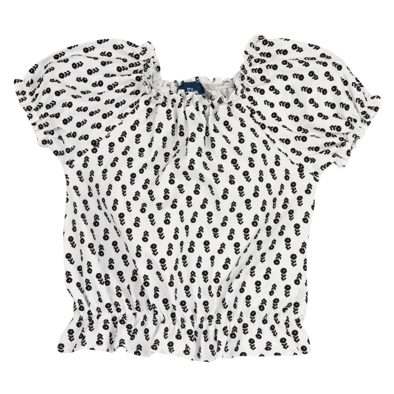 Maglietta a manica corta stampata per bambina con fiorellini bianchi, effetto palloncino e dettagli elasticizzati, in cotone elasticizzato certificato Oeko-Tex. | Chicco