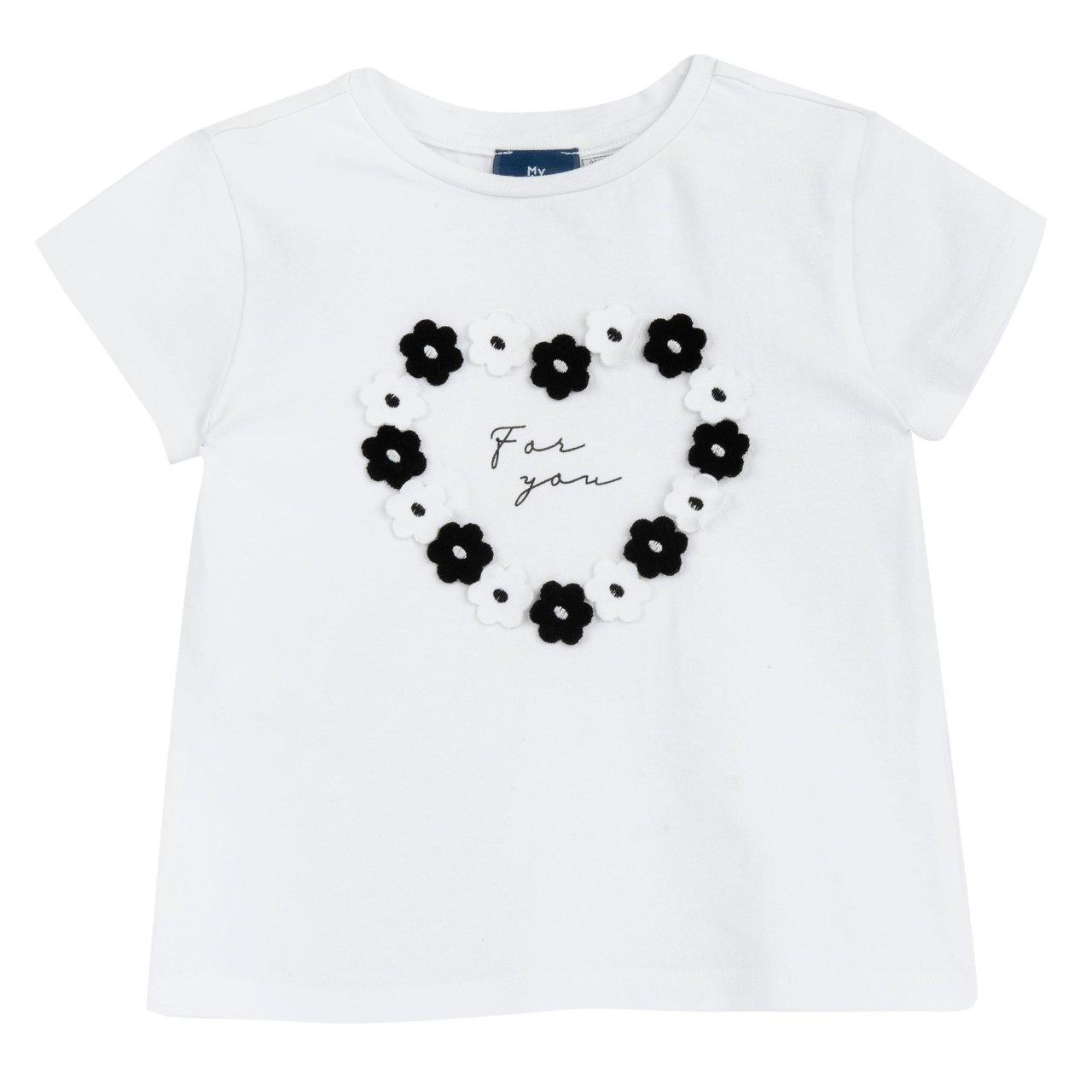 Maglietta a manica corta bianca per bambina Chicco con applicazione di fiorellini ricamati, ideale per primavera/estate. | Chicco