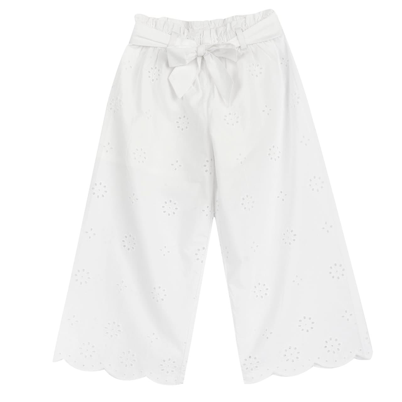 Pantaloni lunghi bianchi in sangallo di cotone per bambina Chicco, con vita elasticizzata e fusciacca rimovibile, ideali per la primavera/estate. | Chicco
