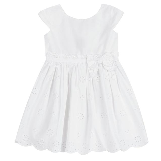 Vestito bianco a manica corta per bambina con gonna in sangallo di cotone, corpino e fiocco in popeline con dettaglio canneté, foderato in mussola e chiusura posteriore con bottoni madreperla. | Chicco