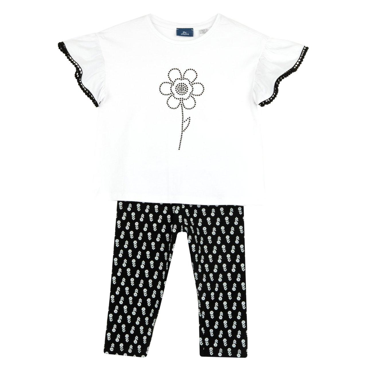 Completo Chicco per bambina con maglietta manica corta grigia con grafica borchiette e pom-pon, e leggings lunghi a vita elasticizzata. | Chicco