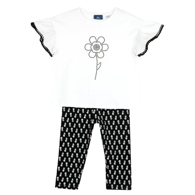 Completo Chicco per bambina con maglietta manica corta grigia con grafica borchiette e pom-pon, e leggings lunghi a vita elasticizzata. | Chicco