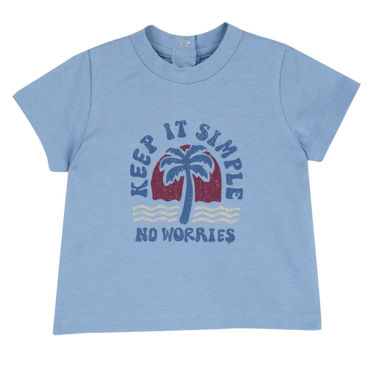 Maglietta azzurra a manica corta per bambino Chicco in morbido jersey di cotone 100% sostenibile, con stampa vintage a palma e collo elasticizzato. | Chicco