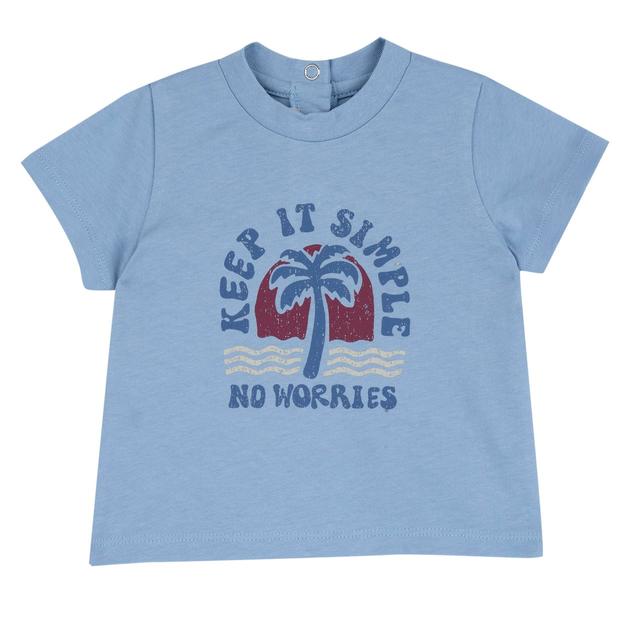 Maglietta azzurra a manica corta per bambino Chicco in morbido jersey di cotone 100% sostenibile, con stampa vintage a palma e collo elasticizzato. | Chicco
