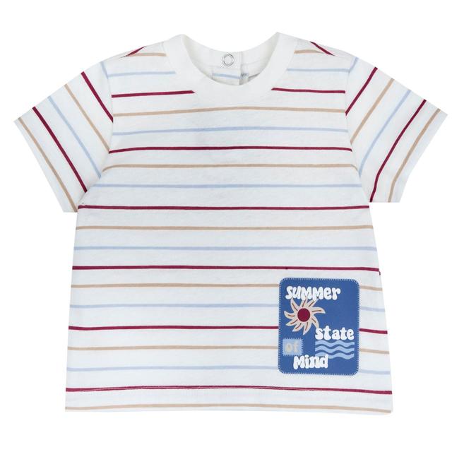 Maglietta azzurra a manica corta per bambino Chicco in morbido jersey di cotone 100% sostenibile, con stampa vintage a palma e collo elasticizzato. | Chicco