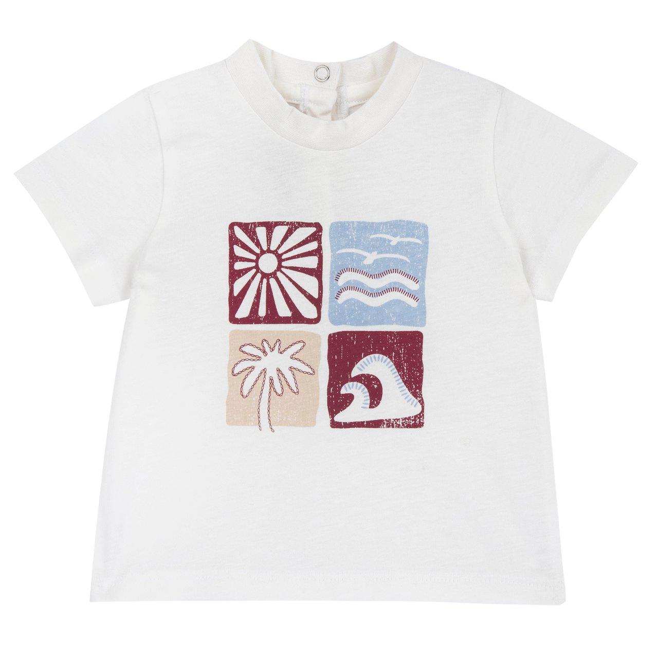Maglietta a manica corta bianca in cotone per bambino Chicco con stampa vintage di palme e onde, collo elasticizzato, ideale per primavera/estate. | Chicco