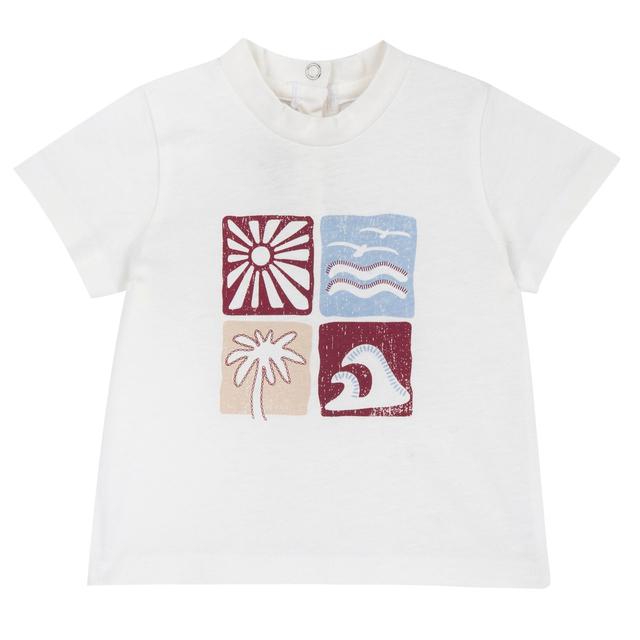 Maglietta a manica corta bianca in cotone per bambino Chicco con stampa vintage di palme e onde, collo elasticizzato, ideale per primavera/estate. | Chicco