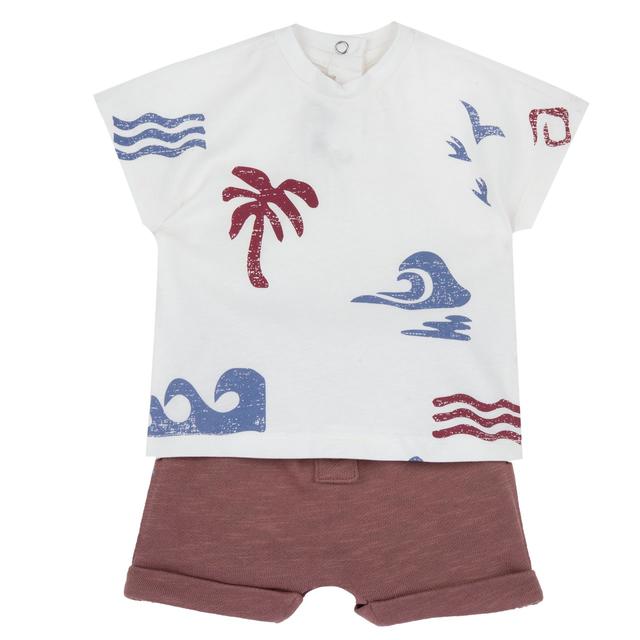 Completo Chicco beige per bambino, maglietta manica corta in cotone con stampa vintage e pantaloni corti in felpa effetto fiammato, ideale primavera/estate. | Chicco