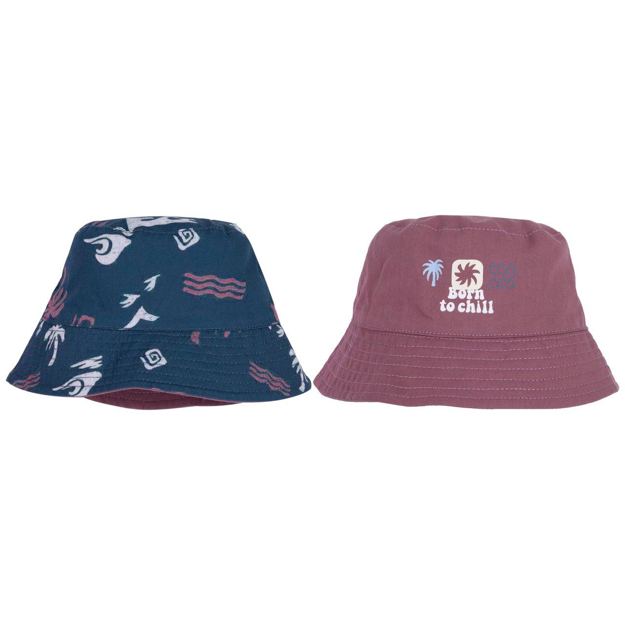 Cappello reversibile Chicco in popeline di cotone per bambino, lato blu con stampa palme e lato bordeaux chiaro con stampina frontale, ideale per primavera/estate. | Chicco