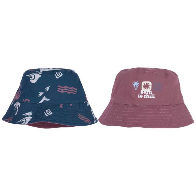 Cappello reversibile Chicco in popeline di cotone per bambino, lato blu con stampa palme e lato bordeaux chiaro con stampina frontale, ideale per primavera/estate. | Chicco