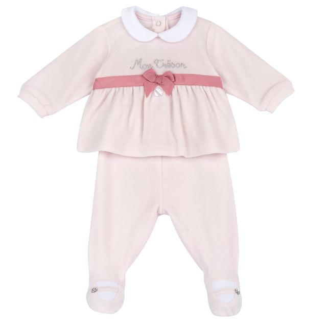 Completo Chicco rosa in ciniglia per bambina, maglia e pantaloni con piedini, dettagli strass e fiocco, effetto scarpina ricamata. | Chicco