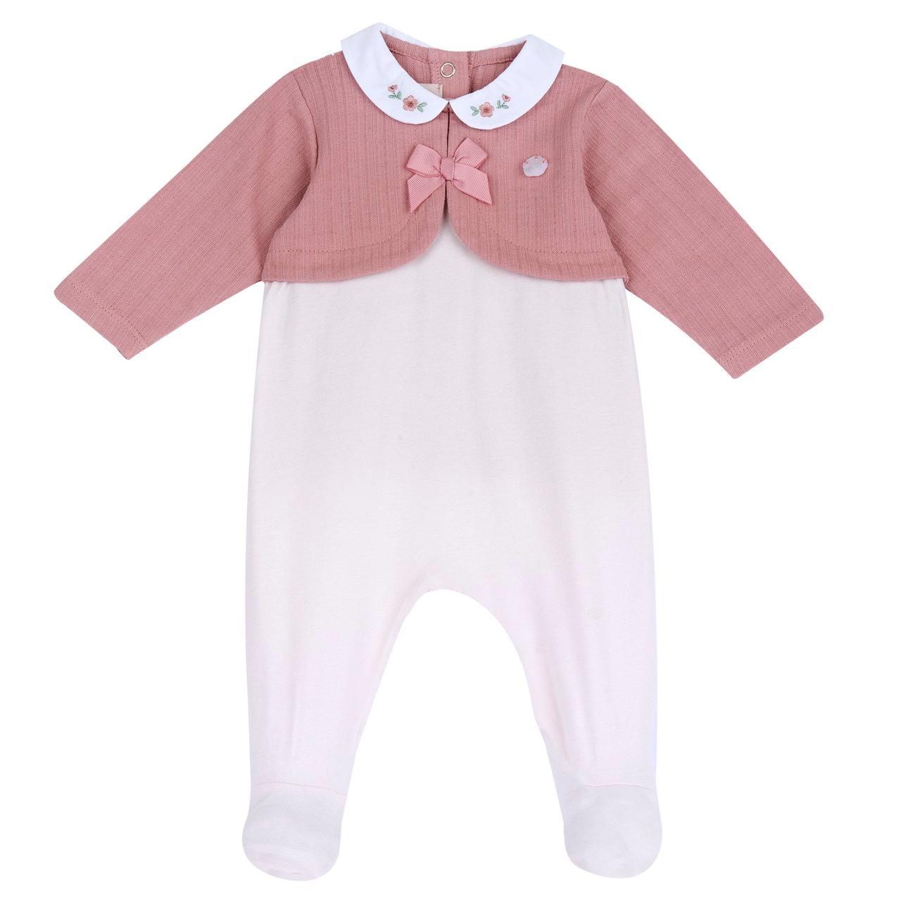 Tutina rosa Chicco per bambina in jersey operato effetto doppio, con collo baby ricamato, fiocco decorativo e apertura posteriore con bottoni automatici. | Chicco