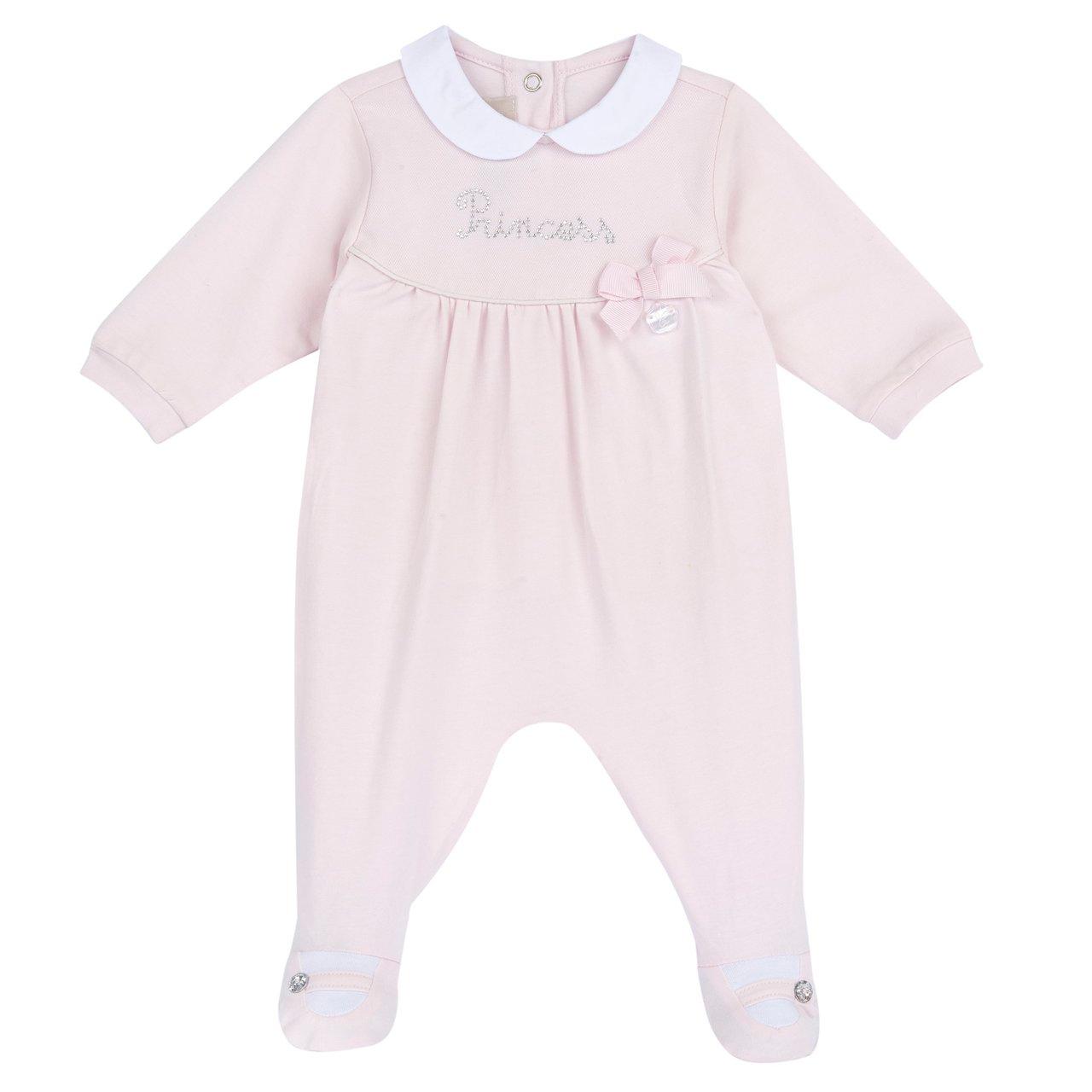 Tutina rosa in jersey elasticizzato Chicco per bambina, con grafica strass sotto tulle, scarpina ricamata e bottoncino gioiello, stampa antiscivolo. | Chicco