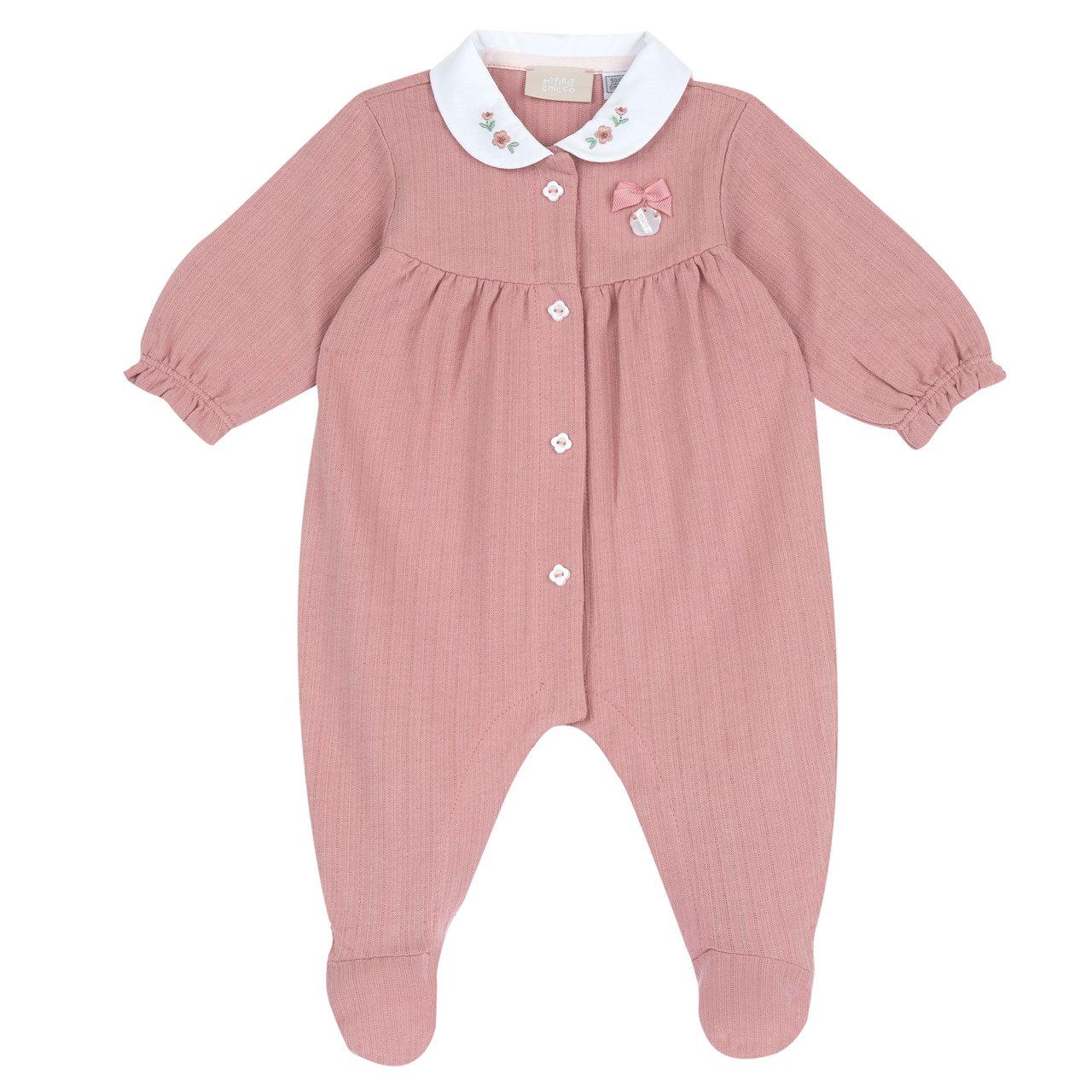 Tutina aperta davanti rosa in jersey operato per bambina Chicco con collo ricamato e bottoni effetto madreperla, cotone sostenibile. | Chicco