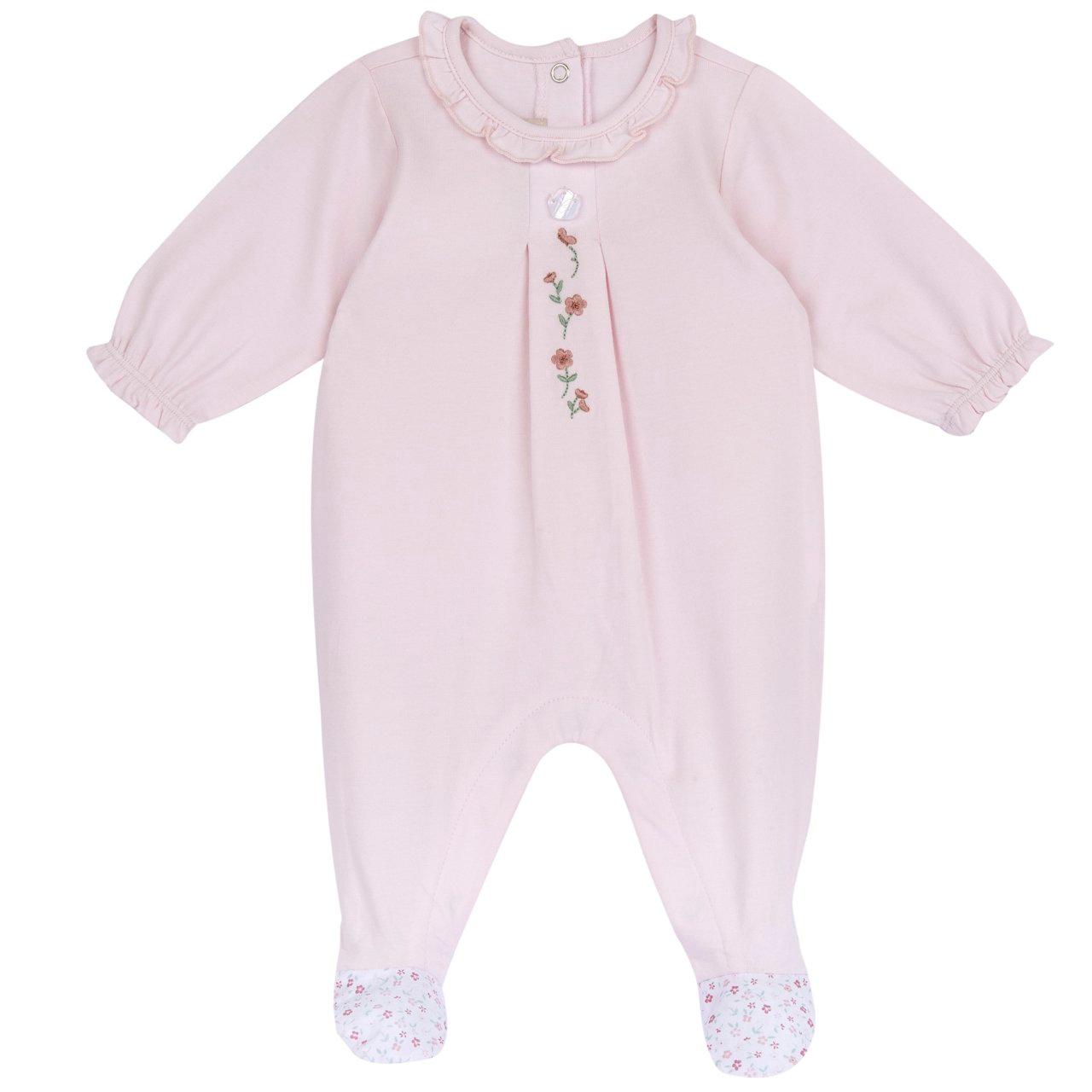 Tutina rosa Chicco in jersey di cotone elasticizzato con grafica ricamata e bottoni automatici, ideale per bambine primavera/estate. | Chicco