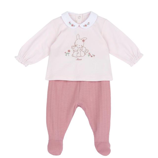 Completo maglia e pantaloni rosa con piedini per bambina Chicco in morbido jersey di cotone elasticizzato e jacquard, con ricamo sul collo e grafica ricamata. | Chicco