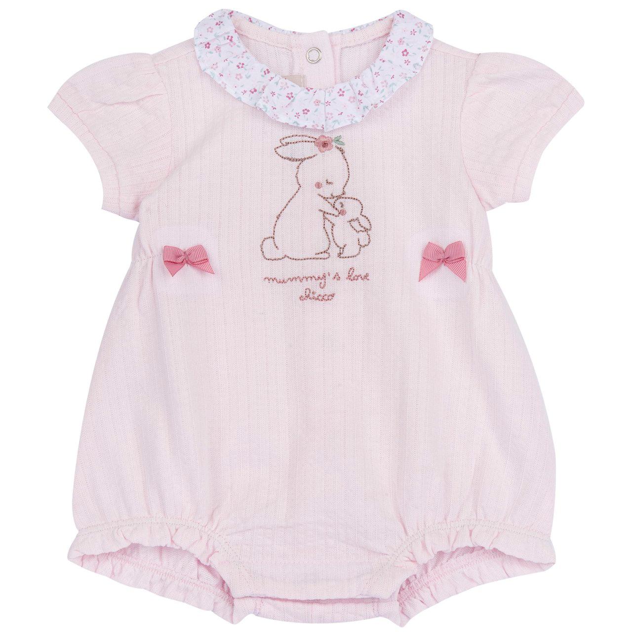 Pagliaccetto corto rosa in morbido jersey di cotone sostenibile per bambina, con dettagli floreali, ricami, collo a corolla e fiocchi. | Chicco