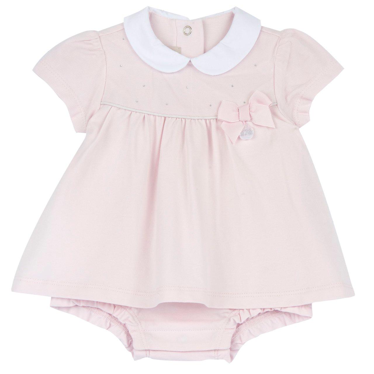 Pagliaccetto effetto abito rosa in morbido jersey di cotone elasticizzato per bambina, con applicazioni di strass coperte da tulle e collo baby. | Chicco