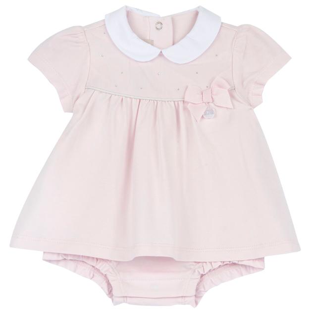 Pagliaccetto effetto abito rosa in morbido jersey di cotone elasticizzato per bambina, con applicazioni di strass coperte da tulle e collo baby. | Chicco