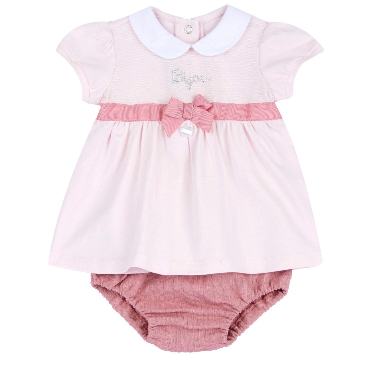 Completo vestito con culotte rosa Chicco per bambina in morbido jersey di cotone elasticizzato, con applicazioni di strass e fiocco decorativo. | Chicco
