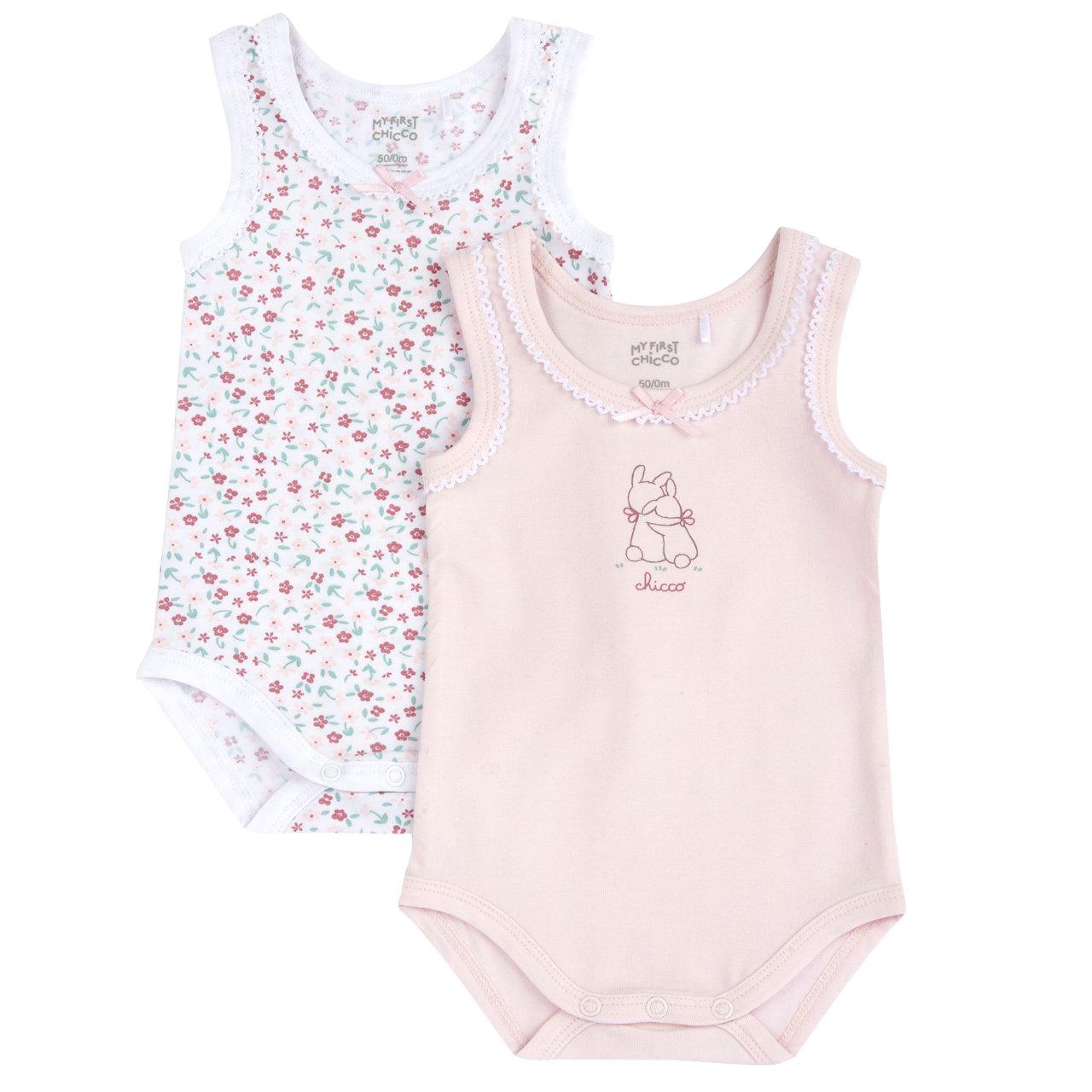 Set body intimo Chicco rosa in cotone sostenibile con stampa fantasia e grafica, a spalla larga, per bambina, con bottoni automatici. | Chicco