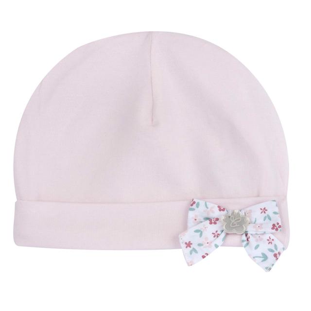 Cappello con risvolto rosa in jersey di cotone elasticizzato per bambina, firmato Chicco, con fiocco fantasia floreale. | Chicco