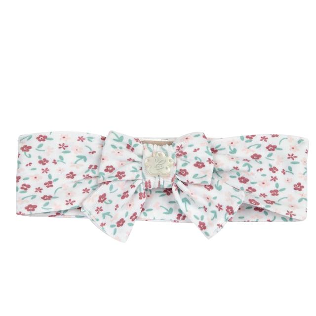 Fascetta Chicco bianca in morbido jersey di cotone elasticizzato con vivace stampa floreale, fiocco elegante e medaglietta madreperla. | Chicco