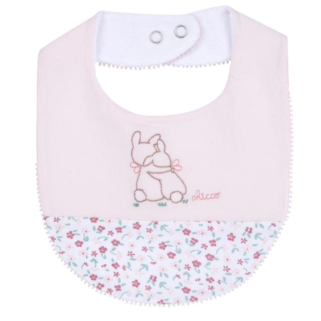 Bavaglino Chicco rosa in jersey di cotone elasticizzato con ricamo raffinato, foderato in spugna, ideale per bambine. | Chicco
