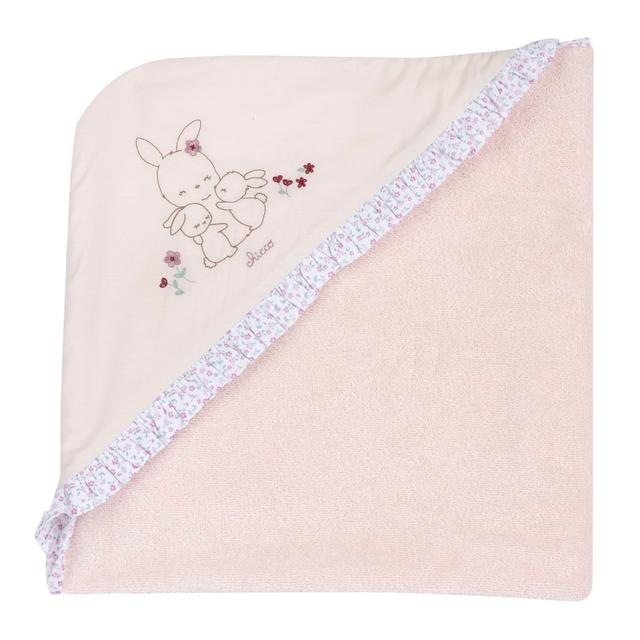 Accappatoio quadrato rosa in spugna di cotone 100% Oeko-Tex per bambina, della collezione Chicco, con grafica ricamata. | Chicco