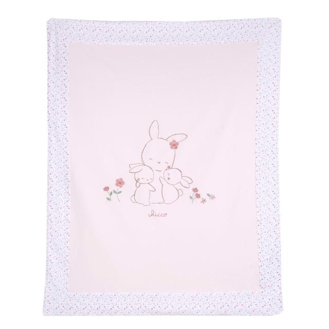 Coperta carrozzina Chicco rosa in jersey di cotone elasticizzato Oeko-Tex con applicazioni e ricami frontali e stampa fantasia sul retro. | Chicco