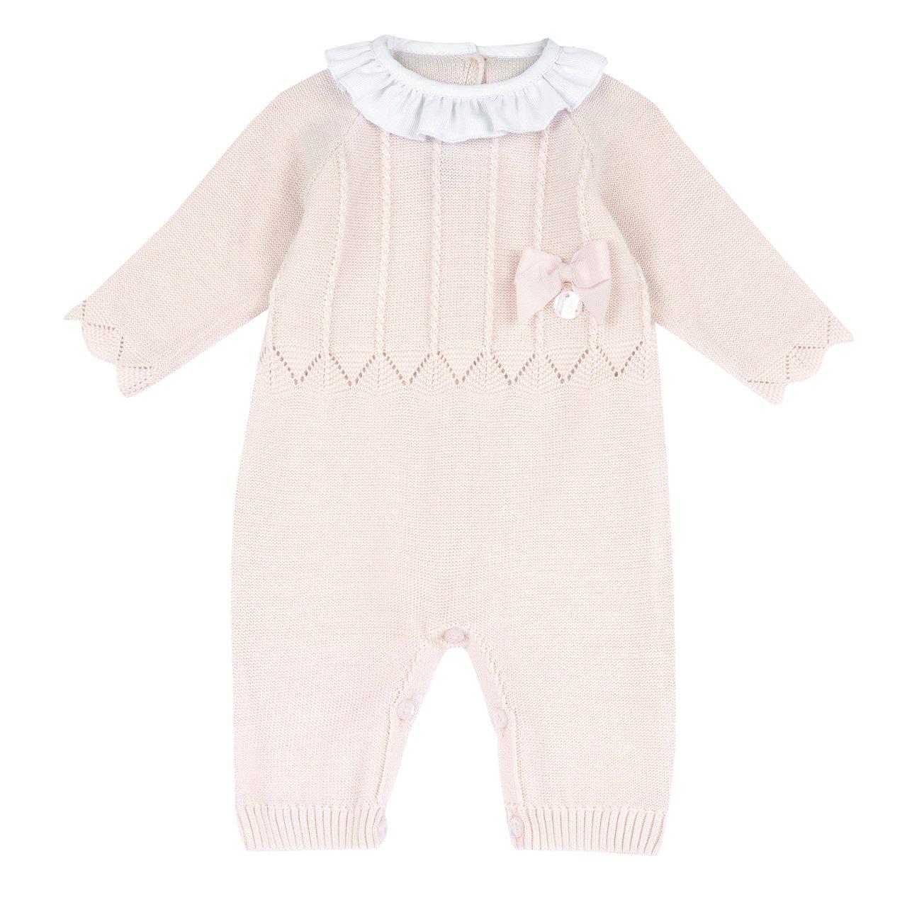 Tutina aperta interno gamba Chicco rosa in maglia di cotone e modal, con giochi di punti e fiocco, per bambina primavera/estate. | Chicco