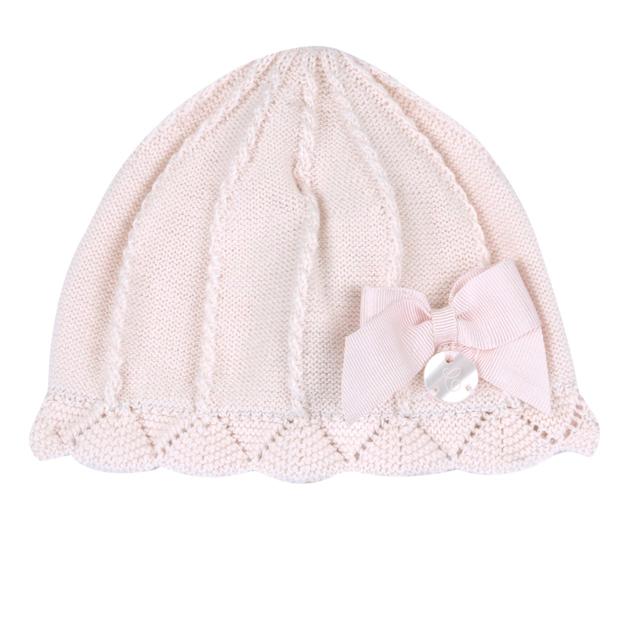 Cappello in maglia rosa Chicco per bambina, con lavorazione a punti, medaglietta madreperla e fiocco, taglia 0-9 mesi. | Chicco