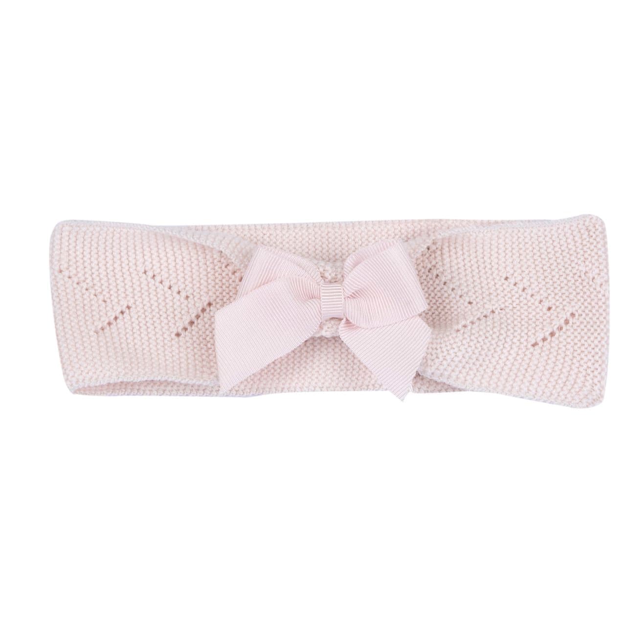 Fascetta rosa in maglia Chicco per bambina con fiocco applicato, lavorazione a giochi di punti e certificazione Oeko-Tex, ideale per primavera/estate. | Chicco