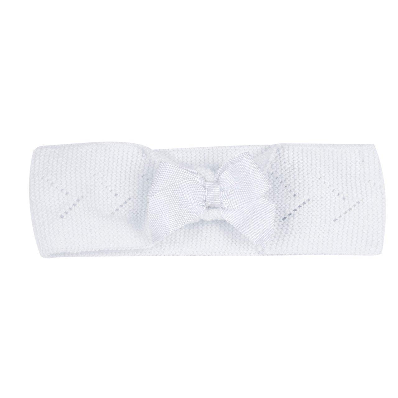 Fascetta rosa in maglia Chicco per bambina con fiocco applicato, lavorazione a giochi di punti e certificazione Oeko-Tex, ideale per primavera/estate. | Chicco