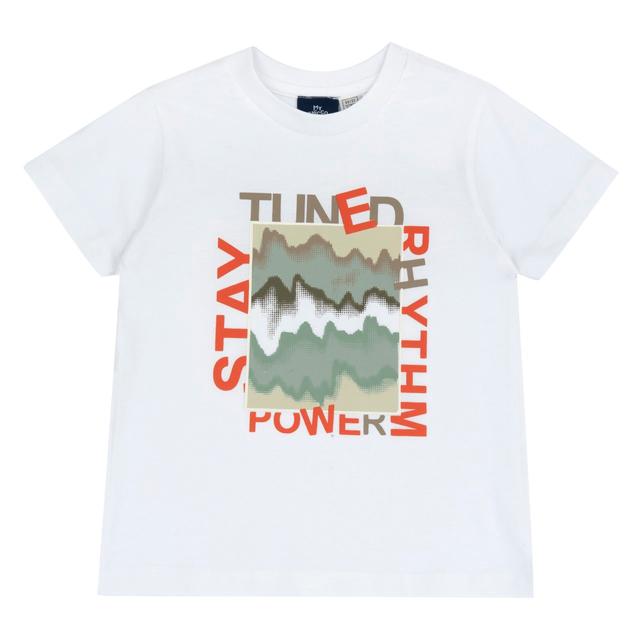 Maglietta a manica corta bianca in jersey di cotone sostenibile per bambino Chicco, con stampa in rilievo e bottoni sulla spalla. | Chicco