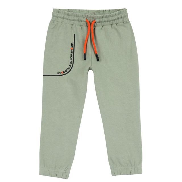 Pantaloni jogger lunghi Chicco verdi in morbido jersey di cotone pesante, con vita elasticizzata, cordino regolabile e stampa a rilievo frontale. | Chicco